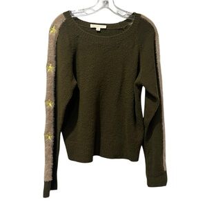 Lovestitch Olive Green sweater Stars On Sleeves Size Large Fuzzy  Round Neck
